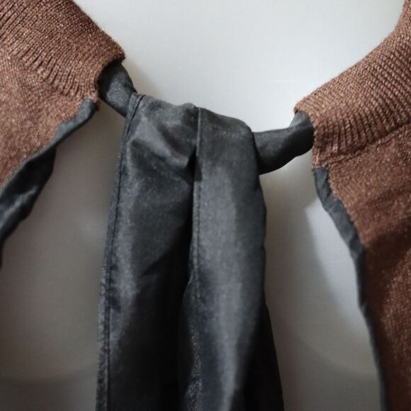 DKNY Brown & Black Silk Cardigan Bolero Wrap Sweater M/L Pussycat Bow Tie Front - Picture 7 of 12